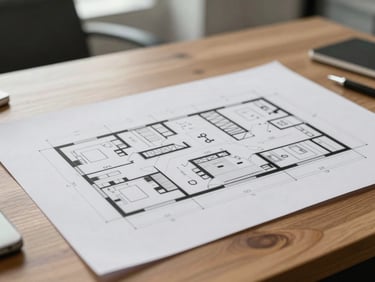 Close-up of a clean, modern architectural office layout plan resting on a wooden desk, soft natural light, professional workplace environment