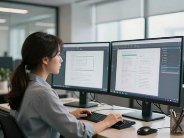 Medium shot of a focused female software architect reviewing technical specifications on dual monitors in a bright, daylight-filled corporate office.