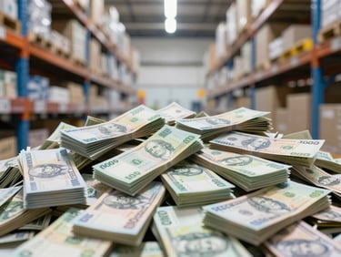Ilustrasi tumpukan uang kertas rupiah yang tersenyum dan tumbuh, menunjukkan penghematan dan keuntungan, pencahayaan terang.