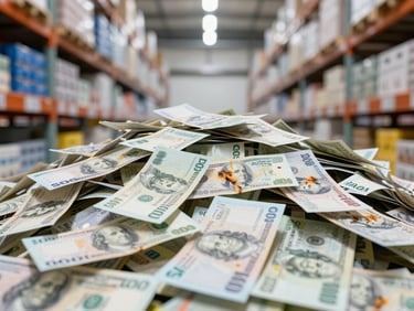Ilustrasi tumpukan uang kertas rupiah yang terbakar, menunjukkan kerugian finansial, pencahayaan terang.