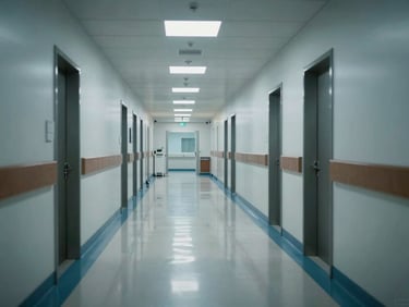 Pristine empty medical corridor with highly polished floors reflecting cool overhead lighting, clinical precision