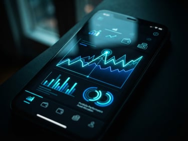 Close-up of a dark-mode mobile finance app interface on an iPhone screen, neon cyan accents, glowing screen reflections