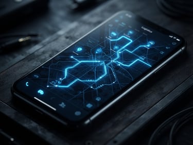 Isometric mockup of a logistics tracking application on a modern Android device, electric blue map routes glowing on screen