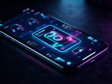 Macro shot of a dark-themed e-commerce mobile application interface, glowing product cards, moody ambient lighting