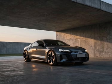 Wide dramatic architectural shot of a dark gray Audi RS e-tron GT inside a minimalist concrete pavilion at dusk, soft golden light reflections, 50mm