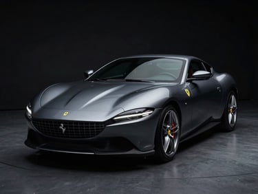 Dramatic 3/4 front angle of a deep metallic grey Ferrari Roma, dramatic low-key automotive photography, moody studio lighting, deep shadows, high contrast, 50mm.