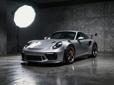 Dramatic 3/4 front angle of a silver Porsche 911 GT3 RS parked in a moody, low-key concrete studio, sharp overhead softbox lighting reflecting on metallic paint, high contrast, 50mm