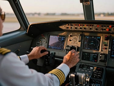 Pilot's hands on aircraft controls at golden hour, detailed cockpit view, warm editorial photography