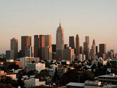 A panoramic view of a vibrant cityscape at dusk, financial district, soft ambient light, warm and inviting, high-rise buildings