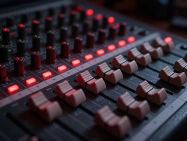 Close-up of studio faders on a high-end mixing desk, red indicator lights, shallow depth of field, 35mm
