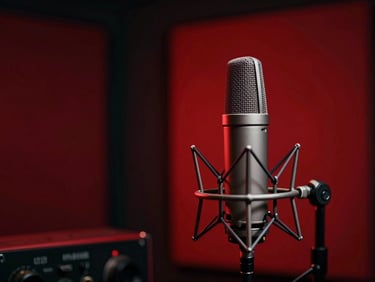 Low-key portrait of a vocalist in a dark booth, red backlight, professional studio microphone, 35mm