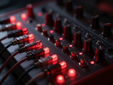 Close-up of modular synthesizer patch cables with red glowing LEDs, dark studio background, 35mm