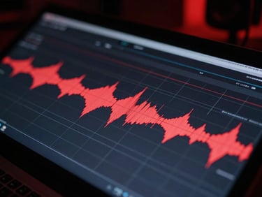 Macro close-up of digital audio workstation waveform on a dark screen, glowing red accent lines, professional studio environment, 35mm