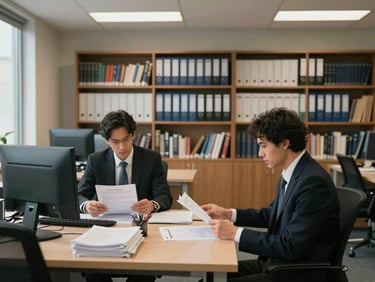 Wide environmental shot of a professional accounting office interior, two people seated at adjacent desks reviewing printed spreadsheets under warm overhead office lighting, organized bookshelves with labeled binders in the background, natural light from a side window, calm and serious atmosphere