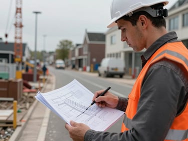 Close-up of a civil engineer in a high-visibility orange safety vest reviewing a technical water infrastructure plan on an active Dutch street site, overcast daylight.