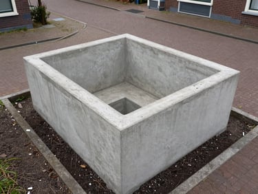 Top-down view of a newly installed concrete infiltration crate system in a Dutch residential street, overcast daylight, clean technical layout