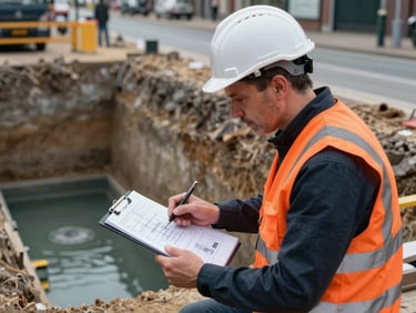 A Dutch civil engineer in a high-visibility orange vest reviews technical water management plans on a clipboard next to an open street excavation.