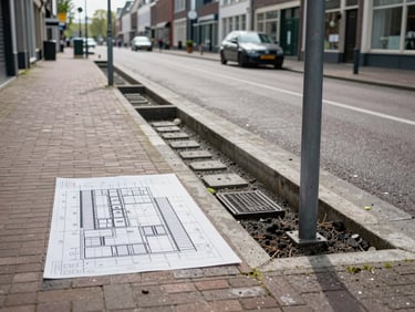 Bovenaanzicht van een technische CAD-tekening van een infiltratievoorziening geïntegreerd in een Nederlandse straat, strakke blauwdrukstijl.