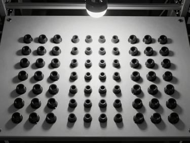 Overhead flat-lay of a production line workstation: precision-cut packaging components arranged in strict grid formation on a matte white surface, single overhead strobe, deep shadows, monochrome