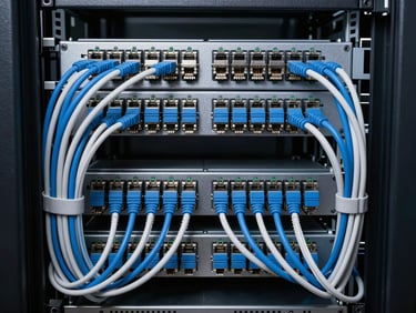 Extreme close-up overhead of server rack cable management inside a data center, dense symmetrical rows of blue and white ethernet cables, hard studio strobe lighting, high contrast monochrome tones