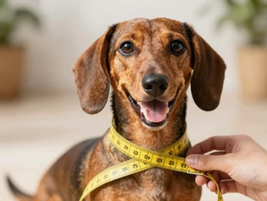 Close-up of a happy dachshund being gently measured with a soft yellow tape measure around its chest, warm natural daylight, soft focus background