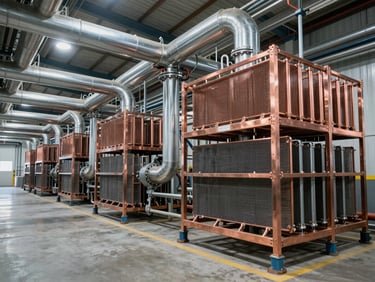 Wide panoramic view of a massive industrial cold storage facility with clean steel piping and copper refrigeration racks