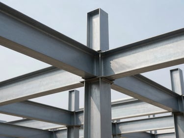 Industrial architectural photography of massive steel beams of a warehouse under construction, sharp daylight, high contrast metallic tones, crisp details