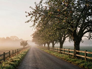 A quiet country road lined with apple trees and wooden fences, soft golden hour light, misty background, 35mm film style