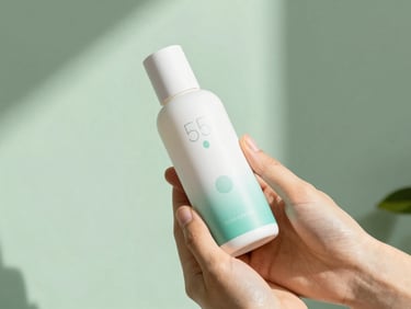 Hands holding a sleek wellness bottle in bright daylight, soft shadow, modern aesthetic, 35mm lens