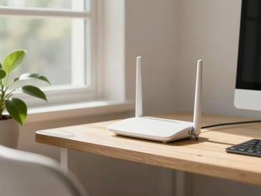 A bright, clean home workspace with natural daylight streaming through a window, a modern router neatly placed on a wooden shelf next to a green plant, shallow depth of field
