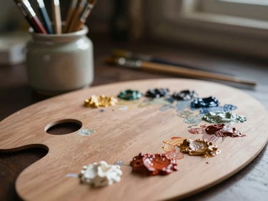 Soft natural side-light illuminating a wooden palette smeared with rich oil paint, brushes resting in a ceramic jar, dark background, shallow depth of field, 35mm