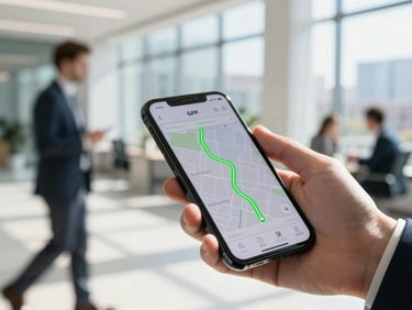 Close-up of a smartphone displaying a real-time GPS tracking interface with a glowing green route line, held by an office manager in a sunlit lobby, high-contrast.