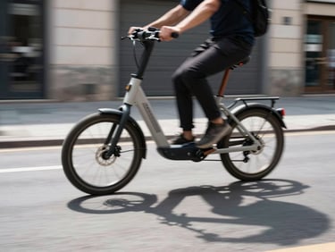 Dynamic low-angle panning shot of an electric cargo bike moving rapidly through a narrow city street, motion blur on the wheels, sharp daylight shadows.