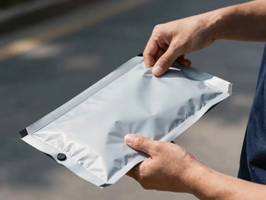 High-contrast daylight shot of a courier's hands carefully sealing a heavy-duty waterproof document pouch, close-up, sharp shadows, 35mm lens.