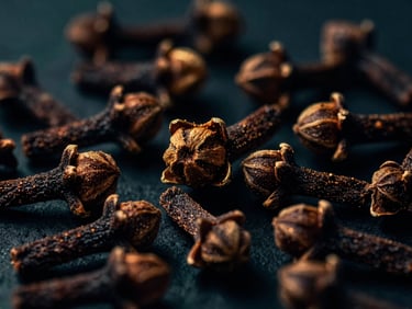 Extreme macro shot of dried clove buds, dark background, high-contrast corporate lighting, cinematic editorial photography.