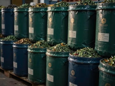 Tumpukan karung beras premium di gudang modern, pencahayaan lembut, fokus pada tekstur