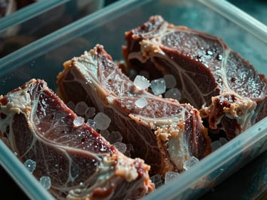 Potongan daging sapi beku berkualitas tinggi di wadah, es kristal, cahaya dingin, fokus makro