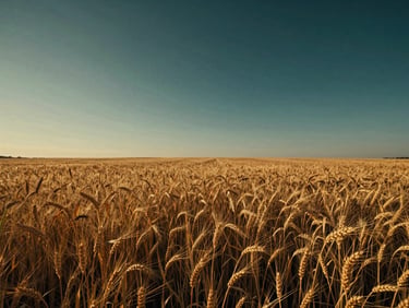 Wide cinematic shot of golden wheat fields at golden hour, low horizon, expansive sky, cinematic editorial photography.