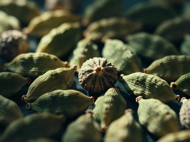Artful arrangement of whole nutmeg and green cardamom pods, shallow depth of field, dramatic low-angle sunlight, cinematic editorial photography.