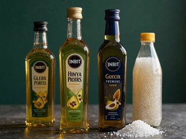 Botol minyak goreng premium dan gula kristal di rak, cahaya studio, komposisi bersih