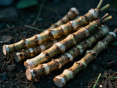 Rimpang jahe segar, close-up, tanah masih menempel tipis.