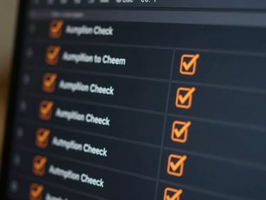 Macro close-up of a dark software dashboard showing automated compliance checks passing with safety-orange checkmarks, daylight-balanced clinical lighting.
