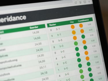 A crisp, high-contrast UI close-up of a compliance dashboard showing structured data tables, green and safety-orange status indicators, and mathematical precision.