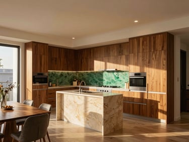 Clean interior shot of a premium modern apartment kitchen and dining area, elegant wooden cabinetry, warm ambient lighting