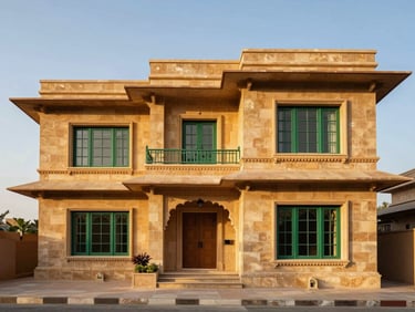 Architectural elevation of a modern Jaipur villa with sandstone facades, warm evening light, high detail