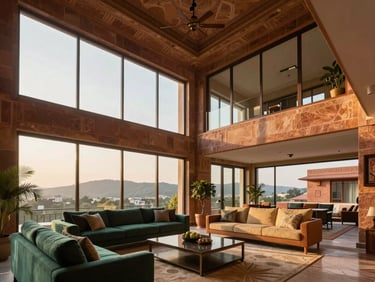 Interior shot of a modern penthouse living room in Jaipur, double-height ceiling, large glass windows showing distant hills, warm sunset light