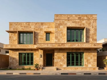 Architectural straight-on elevation of a contemporary Jaipur villa, warm sandstone walls, elegant minimalist design, bright midday sun