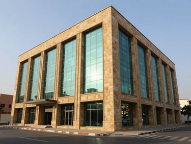 Modern commercial building exterior in Jaipur, clean glass and sandstone, bright midday sun, professional environmental photography