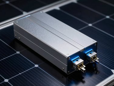 Detailed macro shot of modern solar panel cells and inverter terminals, industrial metallic textures