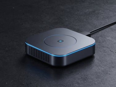 Smart home hub and wireless charging dock on a dark concrete surface, subtle blue glow